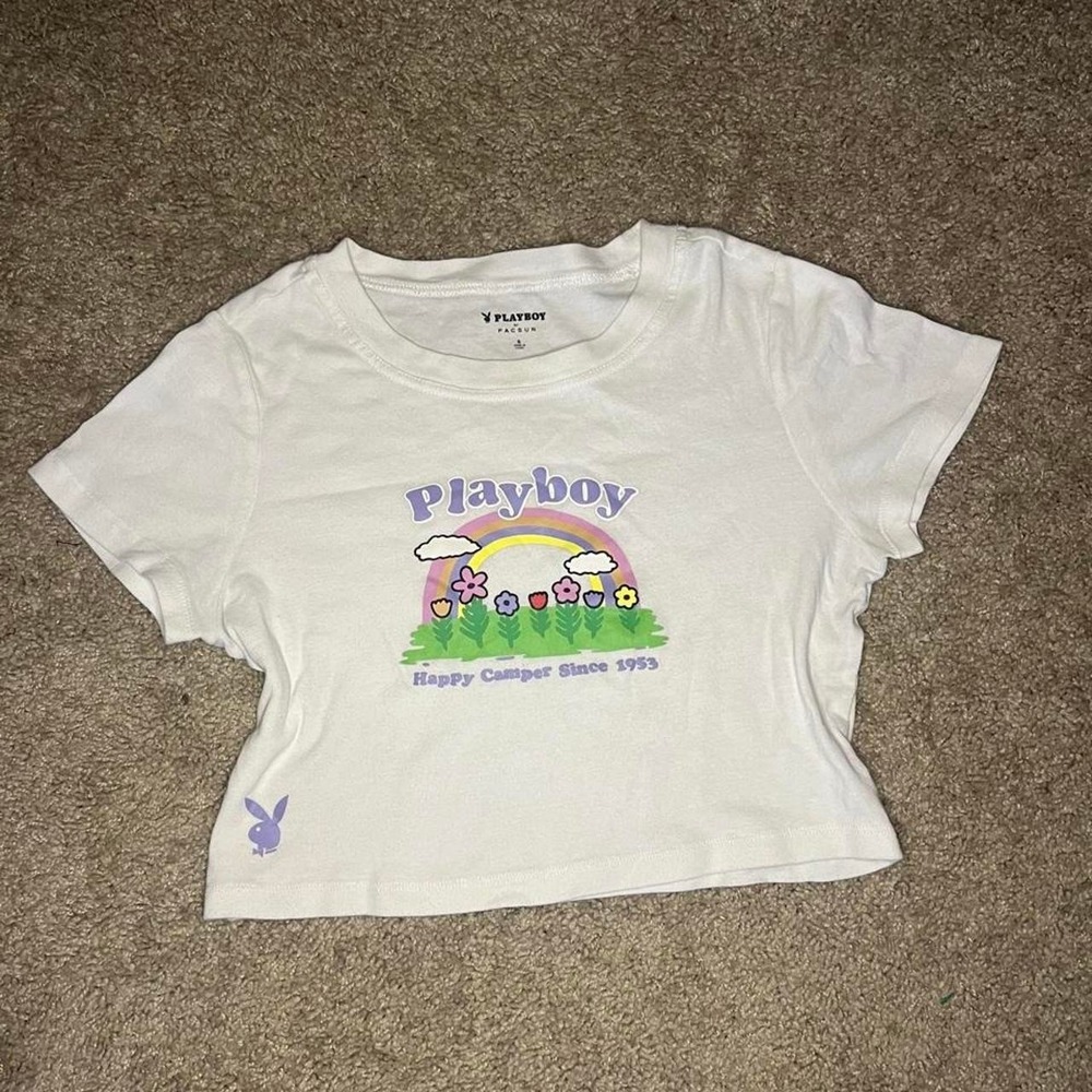 Rare Y2K Style White Playboy crop top with rainbow graphic, size S